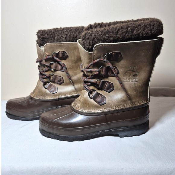 Vintage 90s Sorel Alpine brown leather fleece lined snow boots women's 9 - Picture 2 of 9